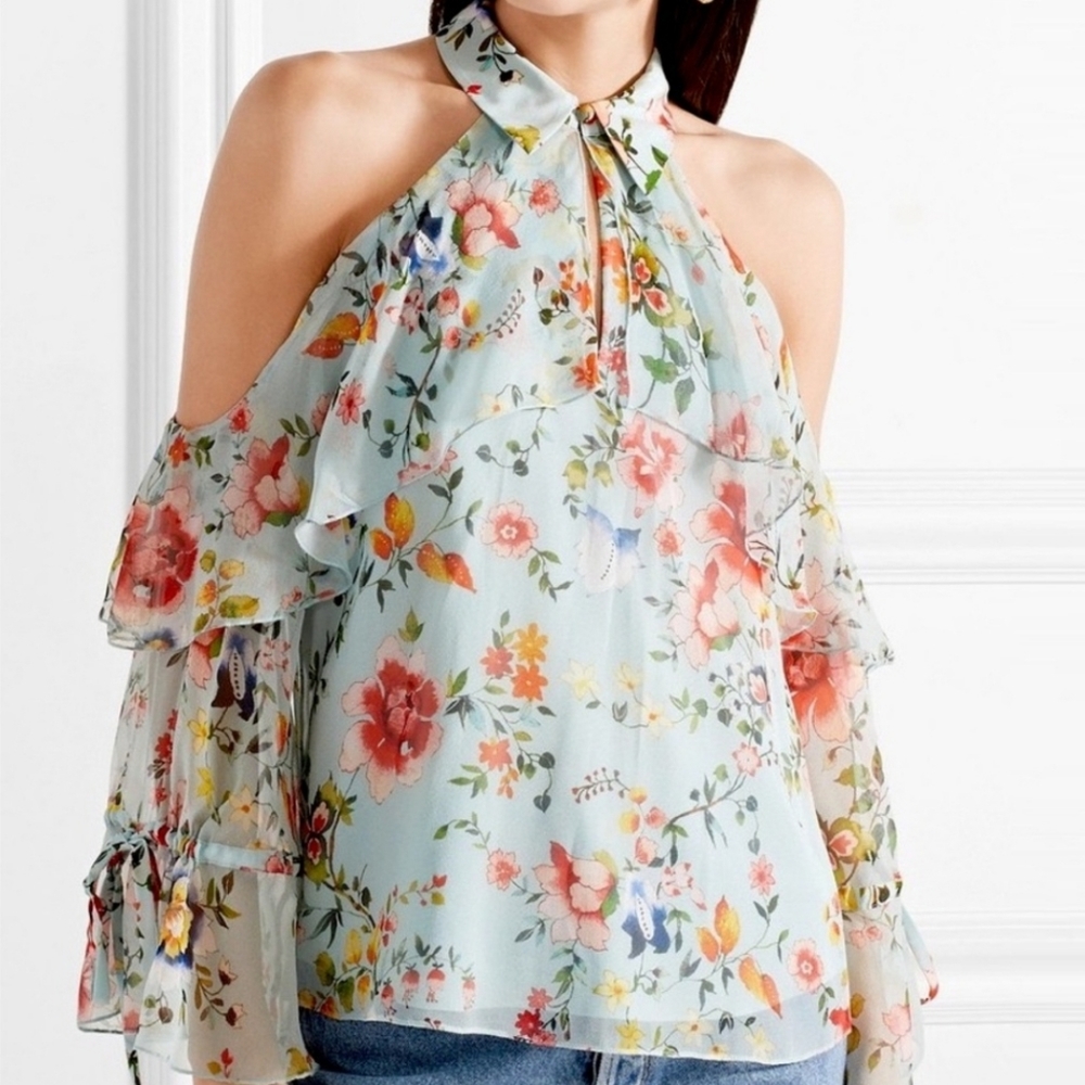 ALICE + OLIVIA BAYNE COLD SHOULDER FLORAL PRINT SILK BLOUSE XSMALL